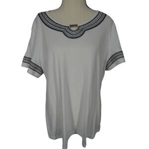 Karen Scott XL White Short Sleeve Blouse Embroidered Accents Bohemian Peasant